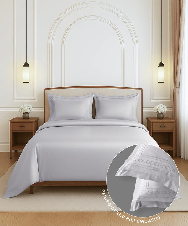 Nectarsoft Luxe Living Solid King Bedsheet Set, Watson, Silver Cloud|300 TC Cotton| 2 Pillow Cover