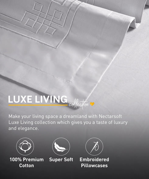 Nectarsoft Luxe Living Solid King Bedsheet Set, Windsor, Silver Cloud|300 TC Cotton| 2 Pillow Cover