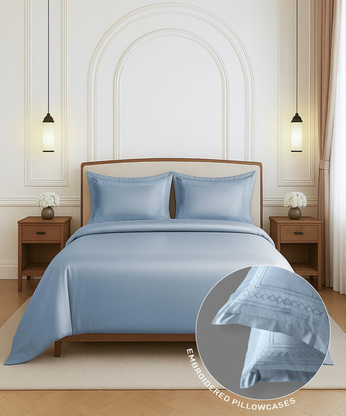 Nectarsoft Luxe Living Solid King Bedsheet Set, Watson, Blue Shadow|300 TC Cotton| 2 Pillow Cover