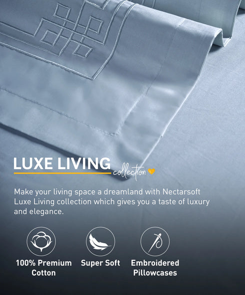 Nectarsoft Luxe Living Solid King Bedsheet Set, Windsor, Blue Shadow|300 TC Cotton| 4 Pillow Cover