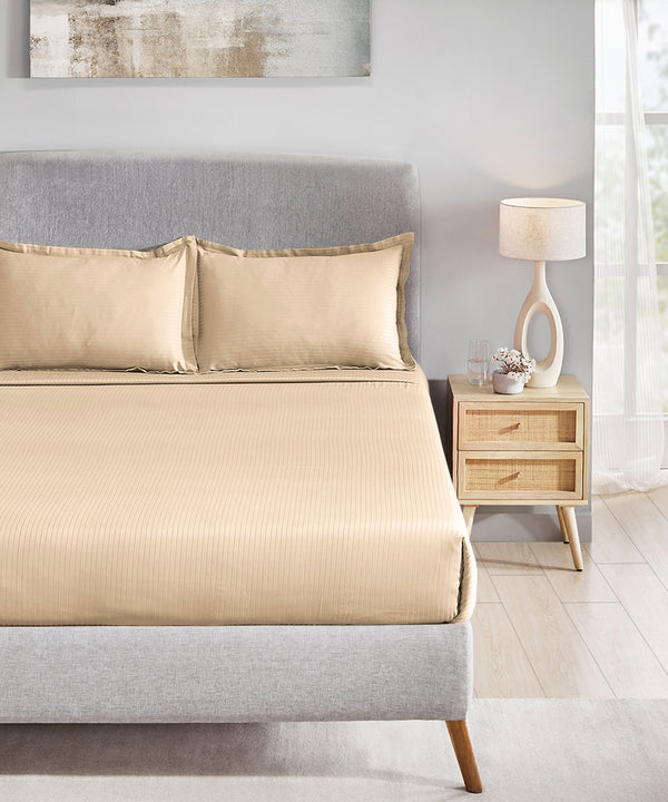 Classic Stripe Solid King Bedsheet Set, Snow Flakes|210 TC Cotton| 2 Pillow Covers