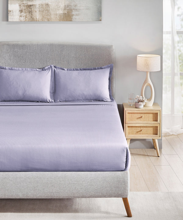 Classic Stripe Solid King Bedsheet Set, Amethyst|210 TC Cotton| 2 Pillow Covers