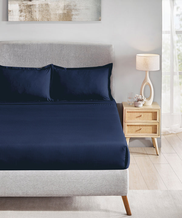 Classic Stripe Solid King Bedsheet Set, Iron Blue|210 TC Cotton| 2 Pillow Covers