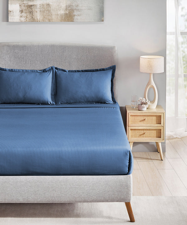 Classic Stripe Solid King Bedsheet Set, Air Force|210 TC Cotton| 2 Pillow Covers