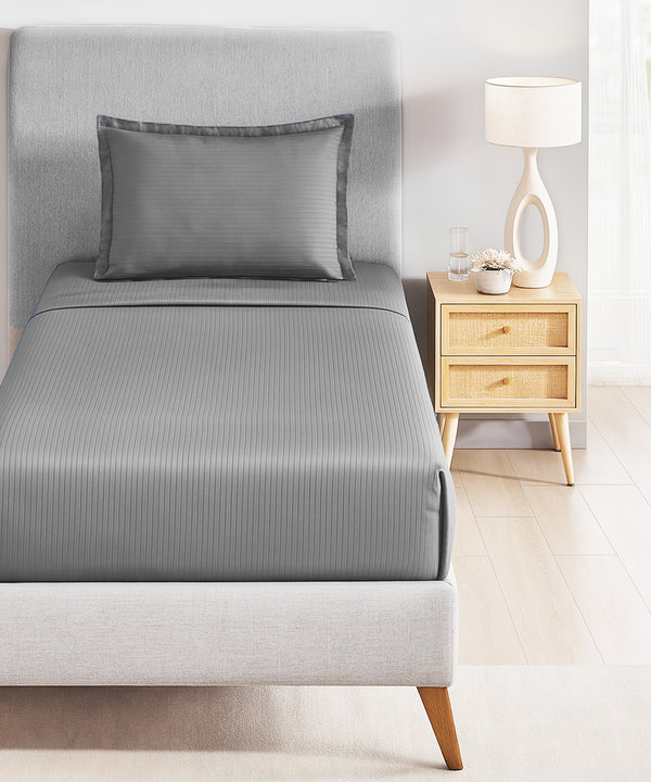 Classic Stripe Solid Dyed Single Bedsheet Set, Frost Grey|210 TC Cotton|1 Pillow Cover