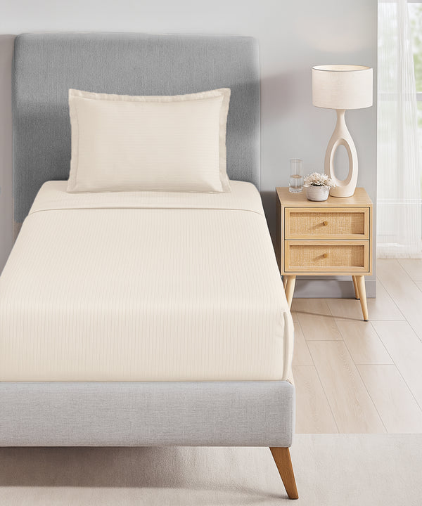 Classic Stripe Solid Dyed Single Bedsheet Set, Pearled Ivory|210 TC Cotton|1 Pillow Cover