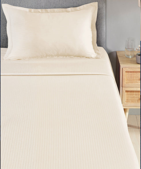 Classic Stripe Solid Dyed Single Bedsheet Set, Pearled Ivory|210 TC Cotton|1 Pillow Cover