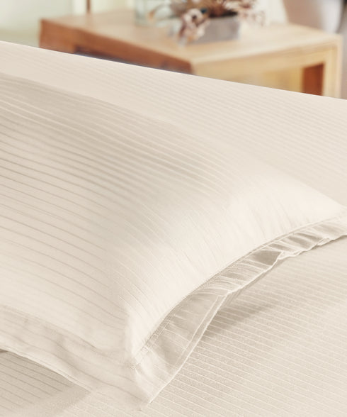 Classic Stripe Solid Dyed Single Bedsheet Set, Pearled Ivory|210 TC Cotton|1 Pillow Cover