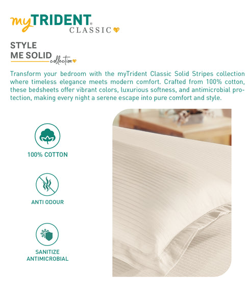 Classic Stripe Solid Dyed Single Bedsheet Set, Pearled Ivory|210 TC Cotton|1 Pillow Cover