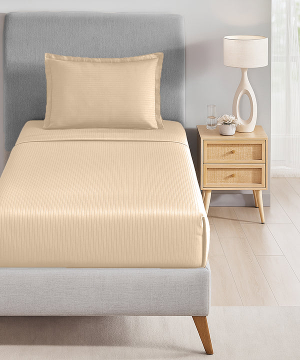 Classic Stripe Solid Single Bedsheet Set, Irish Cream|210 TC| 1 Pillow Covers