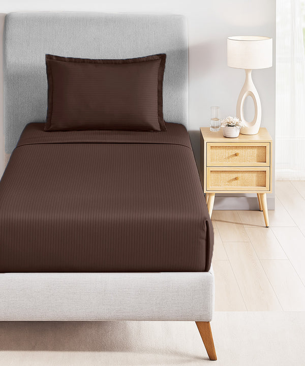 Classic Stripe Solid Dyed Single Bedsheet Set, Brown Syrup|210 TC Cotton|1 Pillow Cover