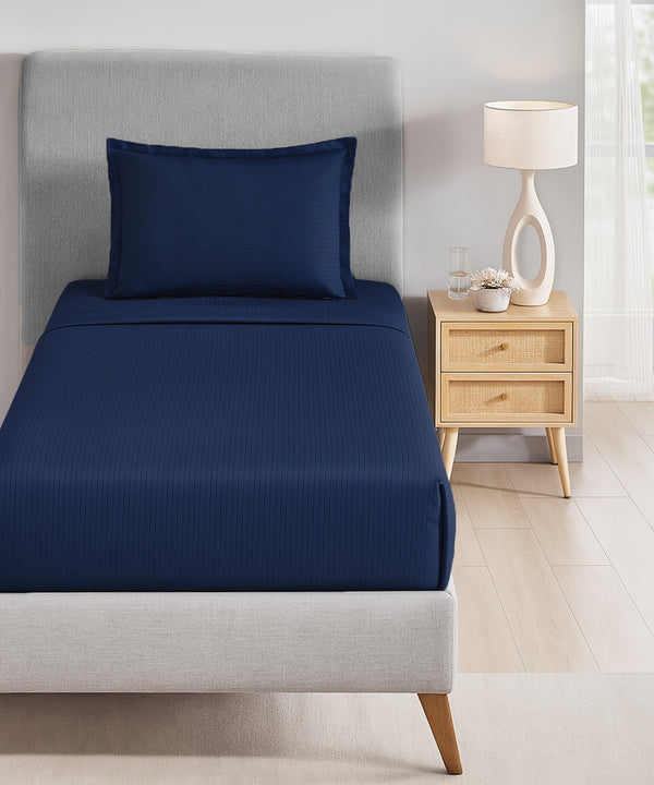 Classic Stripe Solid Dyed Single Bedsheet Set, Iron Blue|210 TC Cotton|1 Pillow Cover