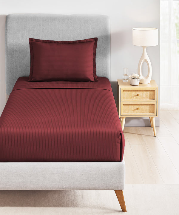 Classic Stripe Solid Dyed Single Bedsheet Set, Ruby Maroon|210 TC Cotton|1 Pillow Cover