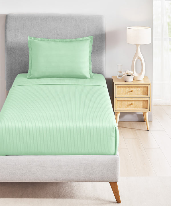 Classic Stripe Solid Dyed Single Bedsheet Set, Sea Foam|210 TC Cotton|1 Pillow Cover