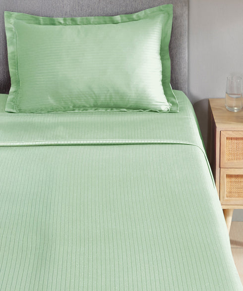 Classic Stripe Solid Dyed Single Bedsheet Set, Sea Foam|210 TC Cotton|1 Pillow Cover