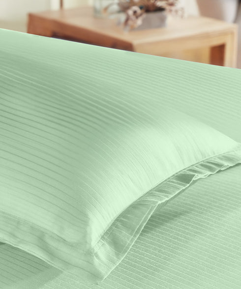Classic Stripe Solid Dyed Single Bedsheet Set, Sea Foam|210 TC Cotton|1 Pillow Cover