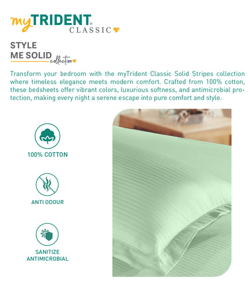 Classic Stripe Solid Dyed Single Bedsheet Set, Sea Foam|210 TC Cotton|1 Pillow Cover