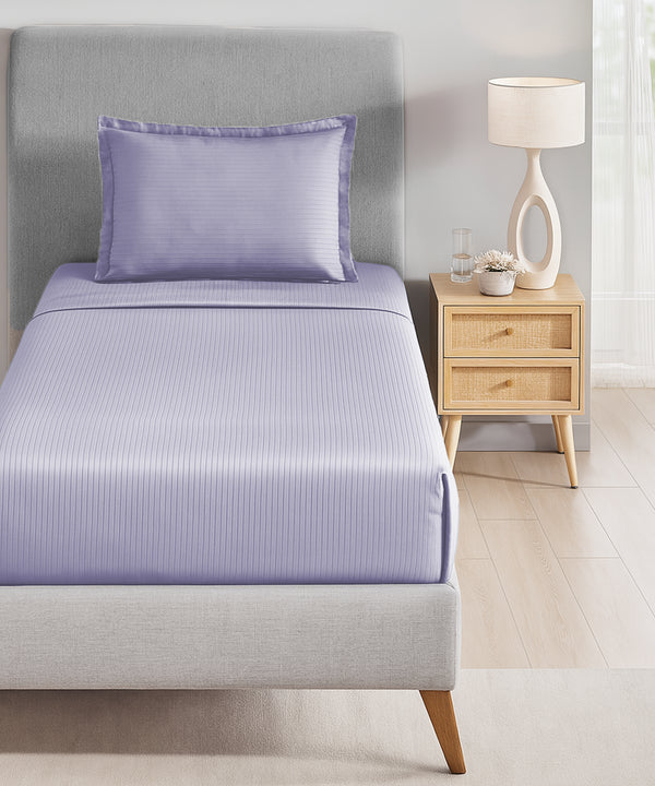 Classic Stripe Solid Dyed Single Bedsheet Set, Amethyst|210 TC Cotton|1 Pillow Cover