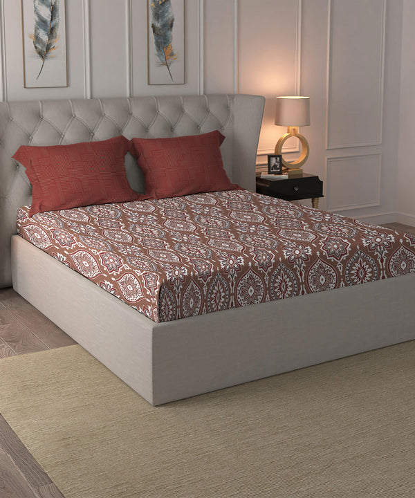 Comfort Living Queen Bedsheet Set, Ajrakh Red|120 TC Cotton|2 pillow covers