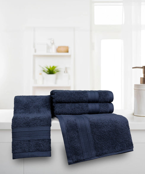 Soft Comfort 4Pc Hand Towel Set,Navy Blue|509 GSM Cotton|Air Rich Technology