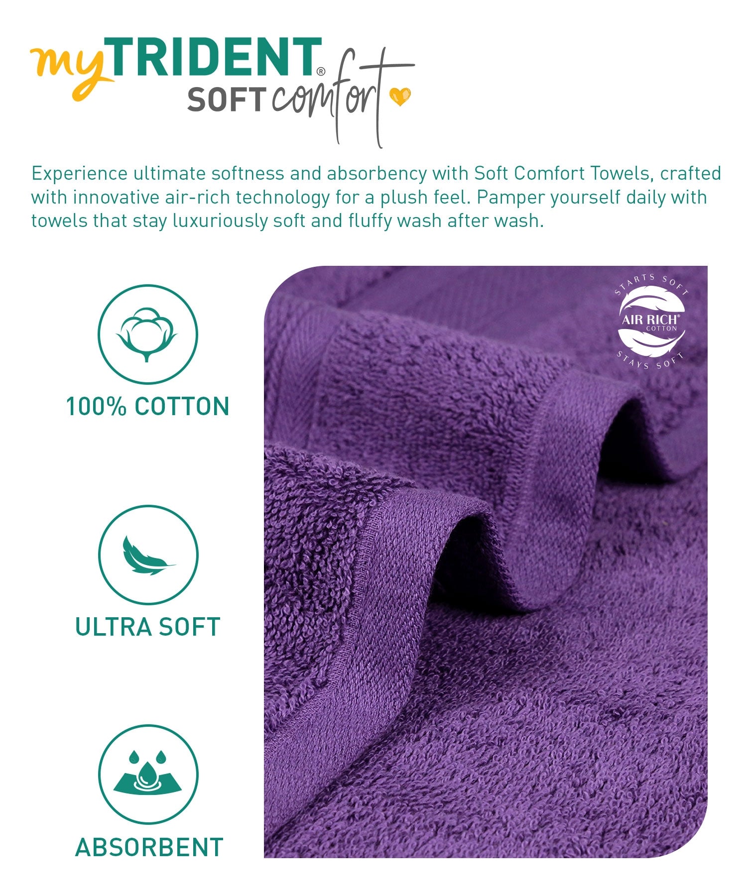 Soft Comfort 4Pc Hand Towel Set,Plum|509 GSM Cotton|Air Rich Technology
