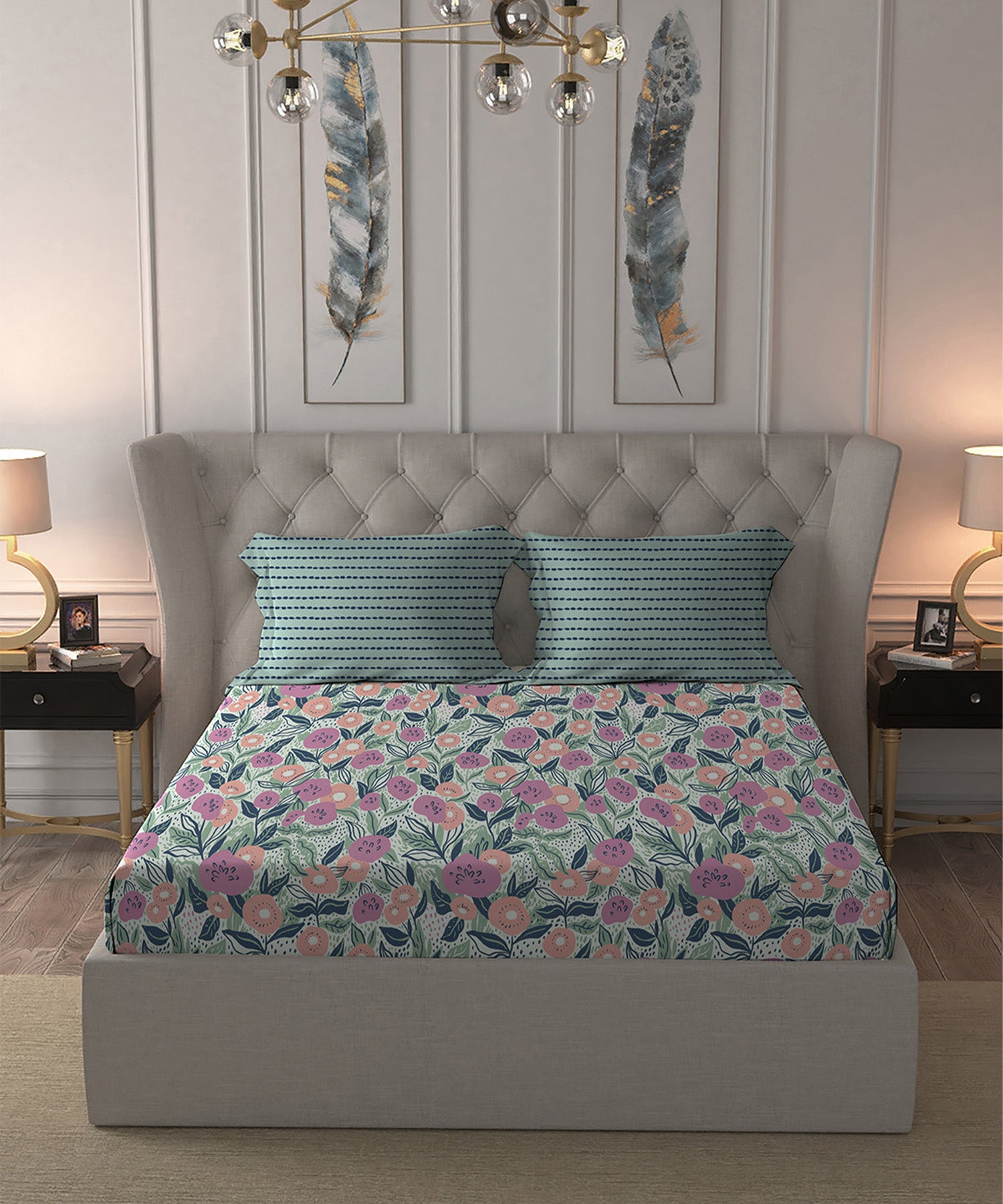 Moments Queen Bedsheet Set, Jasmine Teal|120 TC Cotton|2 Pillow