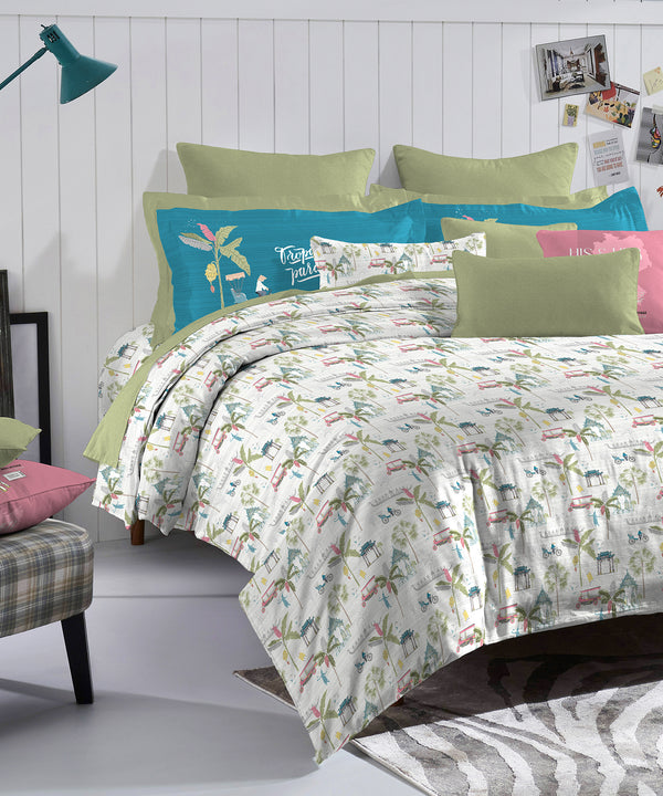 His & Her King Bedsheet Set, Ko Samui|144 TC Cotton| 2 Pillow Cover & 2 Cushion Covers