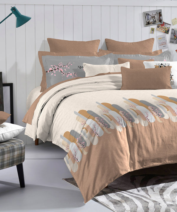 His & Her King Bedsheet Set, Japan Bloom|144 TC Cotton| 2 Pillow Cover & 2 Cushion Covers