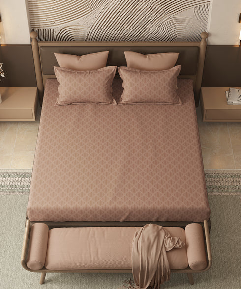 Home Essential Pastel Poetry Geo Bedsheet, Aldo Gingerbread|144TC Cotton| 2 Pillow Covers