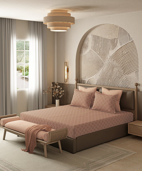 Home Essential Pastel Poetry Geo Bedsheet, Aldo Gingerbread|144TC Cotton| 2 Pillow Covers