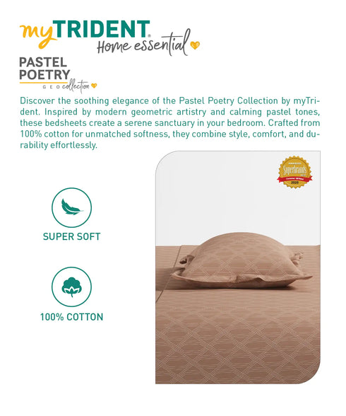 Home Essential Pastel Poetry Geo Bedsheet, Aldo Gingerbread|144TC Cotton| 2 Pillow Covers