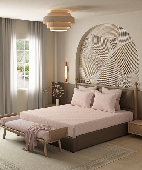 Home Essential Pastel Poetry Geo King Bedsheet, Aldo Blush|144TC Cotton| 2 Pillow Covers