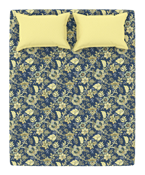 Home Essential King Printed Bedsheet, 144TC, 100% Cotton-Elaila Navy Blue