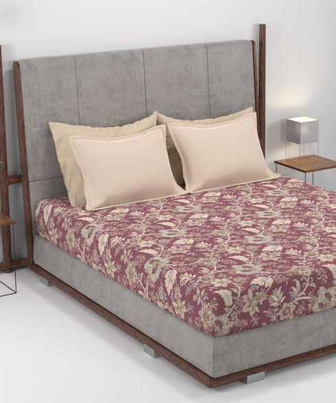 Home Essential King Printed Bedsheet, 144TC, 100% Cotton-Elaila Mauve