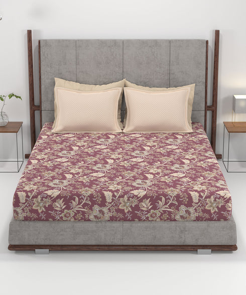 Home Essential King Printed Bedsheet, 144TC, 100% Cotton-Elaila Mauve