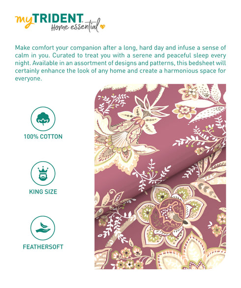 Home Essential King Printed Bedsheet, 144TC, 100% Cotton-Elaila Mauve