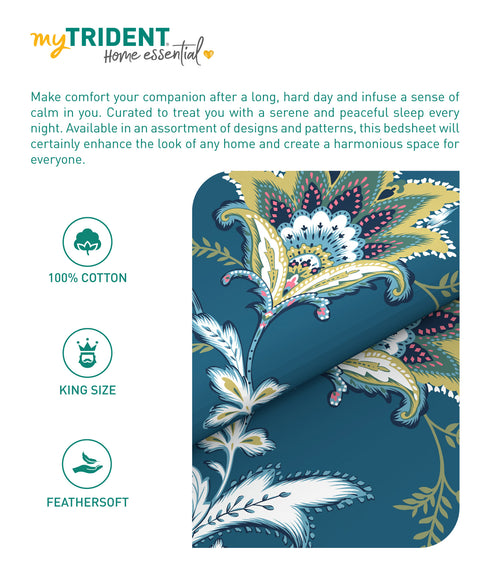 Home Essential King Printed Bedsheet, 144TC, 100% Cotton-Yasmin Teal