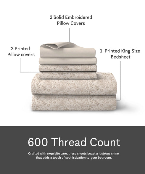 Luxe Home King Bedsheet, Solace|600 TC Cotton|4 Pillow Covers