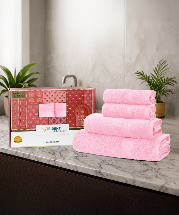 Celebration 4Pc Towel set, Powder Pink| 450 GSM Cotton