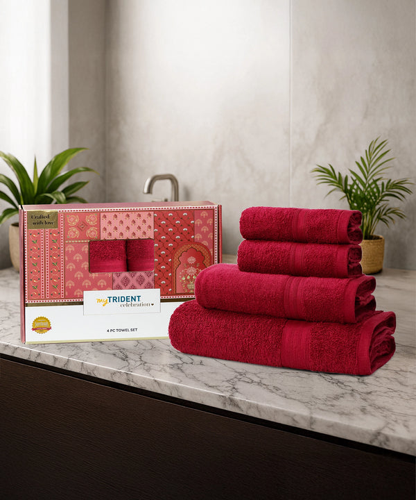 Celebration 4Pc Towel set, Lovely Red | 450 GSM Cotton