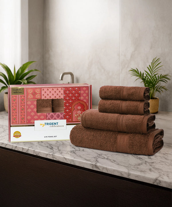 Celebration 4Pc Towel set, Cafe Noir | 450 GSM Cotton