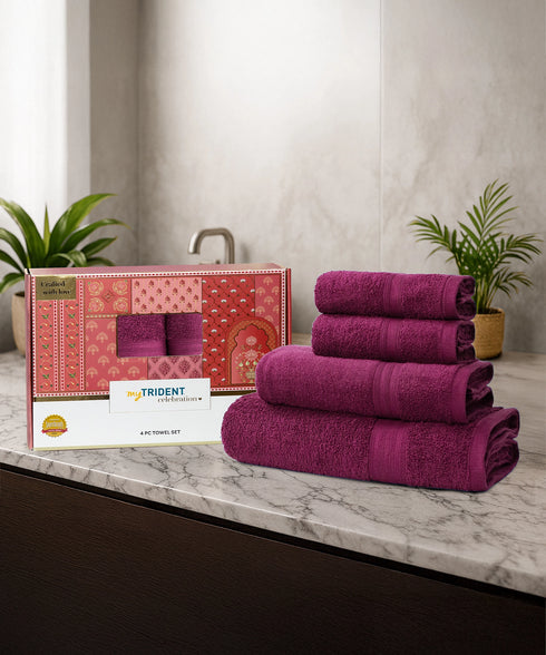 Celebration 4Pc Towel set, Red Wine | 450 GSM Cotton