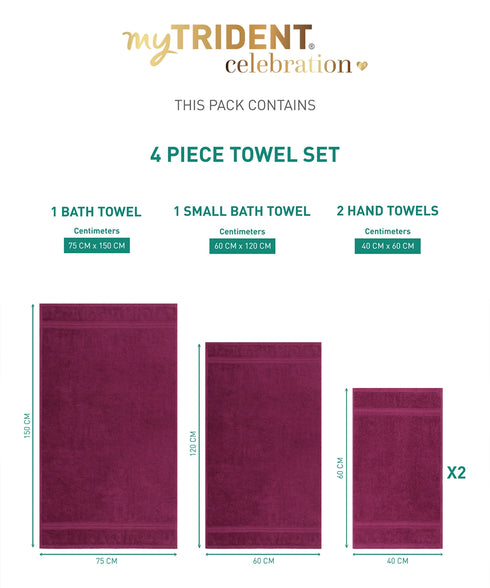 Celebration 4Pc Towel set, Red Wine | 450 GSM Cotton