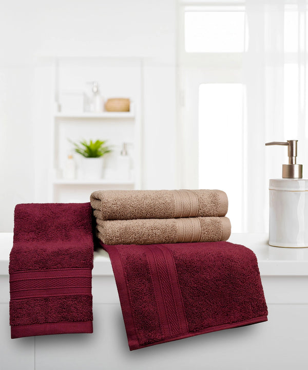 Soft Comfort 4 Pc Hand Towel, Acorn & Wine Red| 509 GSM Cotton|Air Rich Technology