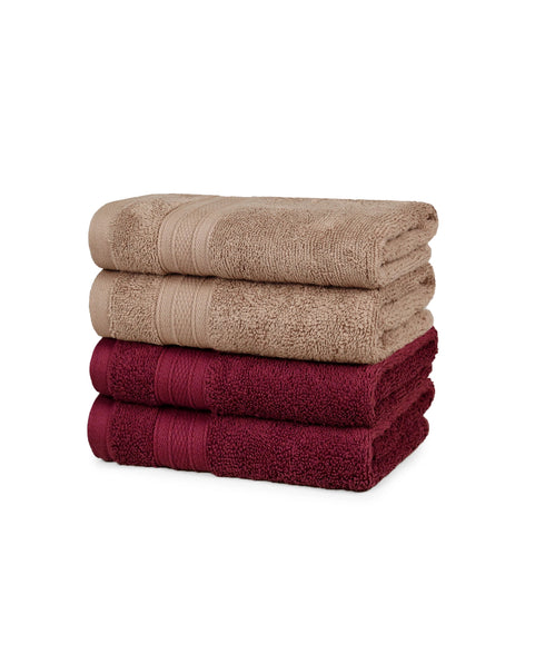 Soft Comfort 4 Pc Hand Towel, Acorn & Wine Red| 509 GSM Cotton|Air Rich Technology