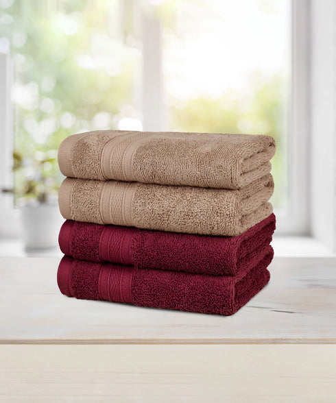 Soft Comfort 4 Pc Hand Towel, Acorn & Wine Red| 509 GSM Cotton|Air Rich Technology