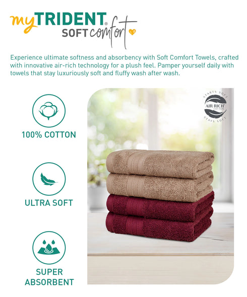 Soft Comfort 4 Pc Hand Towel, Acorn & Wine Red| 509 GSM Cotton|Air Rich Technology