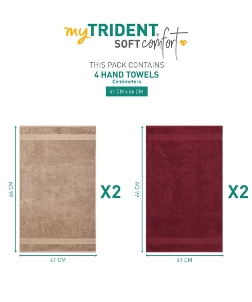 Soft Comfort 4 Pc Hand Towel, Acorn & Wine Red| 509 GSM Cotton|Air Rich Technology