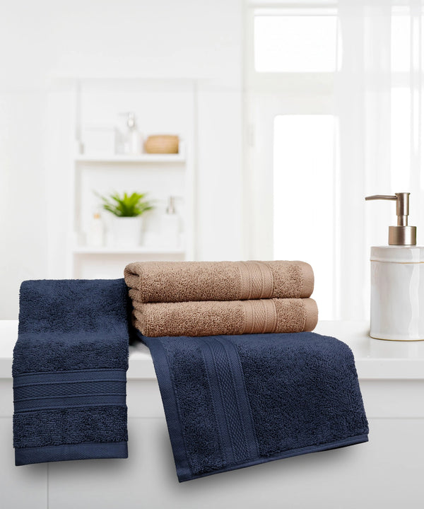 Soft Comfort 4 Pc Hand Towel, Acorn & Navy| 509 GSM Cotton|Air Rich Technology