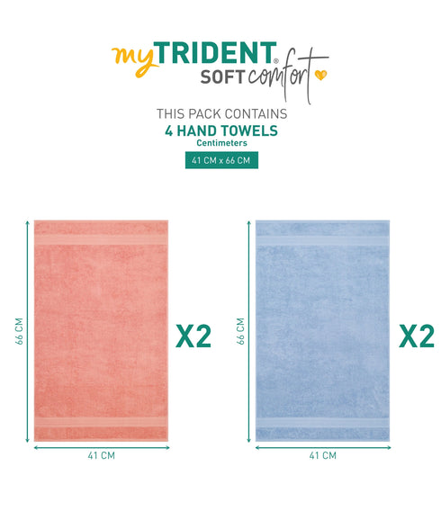 Soft Comfort 4 Pc Hand Towel, Allure & Coral Haze| 509 GSM Cotton|Air Rich Technology